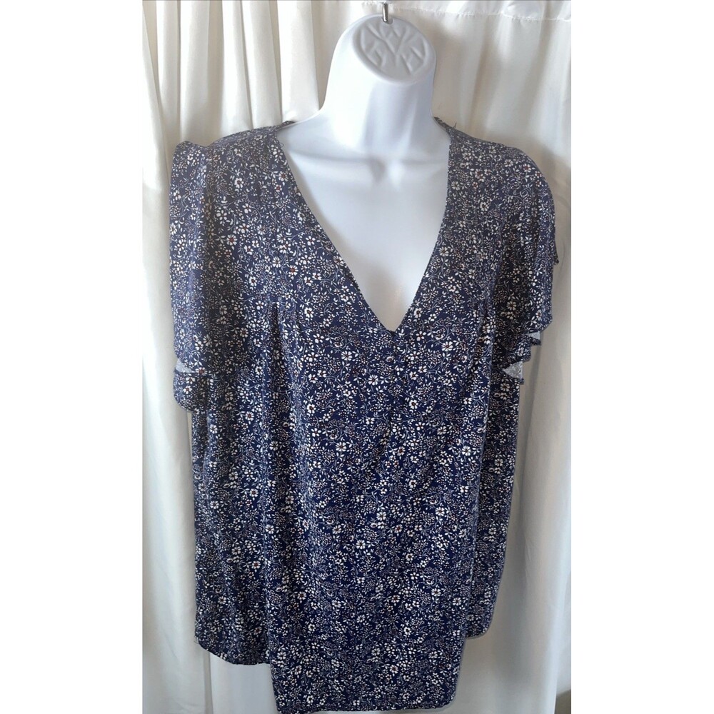 Jones & Co Women’s Floral Navy Blue V-neck Blouse Suze 1X Cottagecore Fairycore